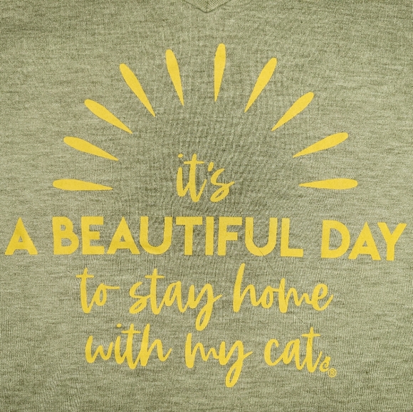 "It's A Beautiful Day To Stay Home With My Cat" Tee Green & Yellow Size Medium - Picture 2 of 7